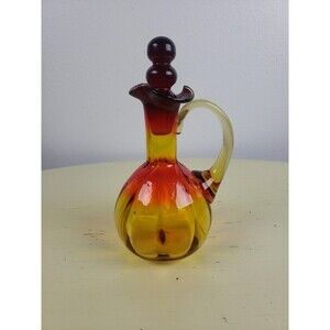 MCM Rainbow Art Glass Amberina Cruet with Stacked Ball Stopper Crimped Rim 6.75"